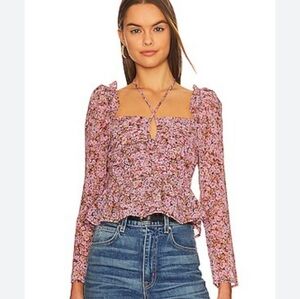 ASTR Toni Black Floral Smocked Neck Tie Top Blouse Large Revolve NEW NWT